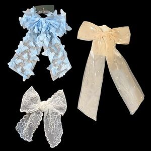 Set of 3 Hair Bows Clips White Lace, Ivory Pearls, Light Blue Butterflies NWT